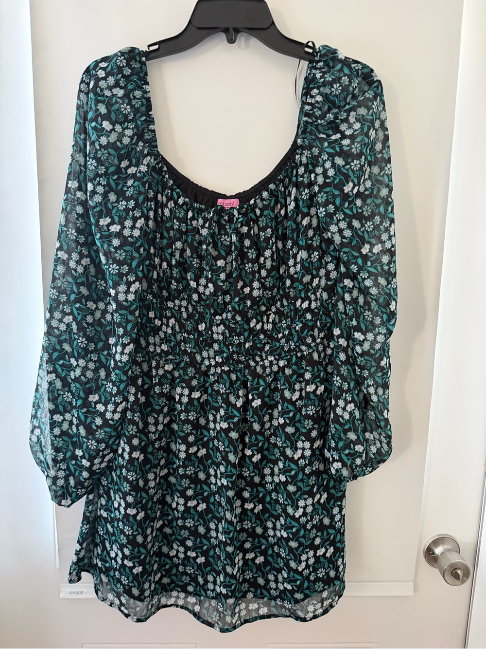 Francesca's Collections Black Floral Smocked Tunic with Teal Accents